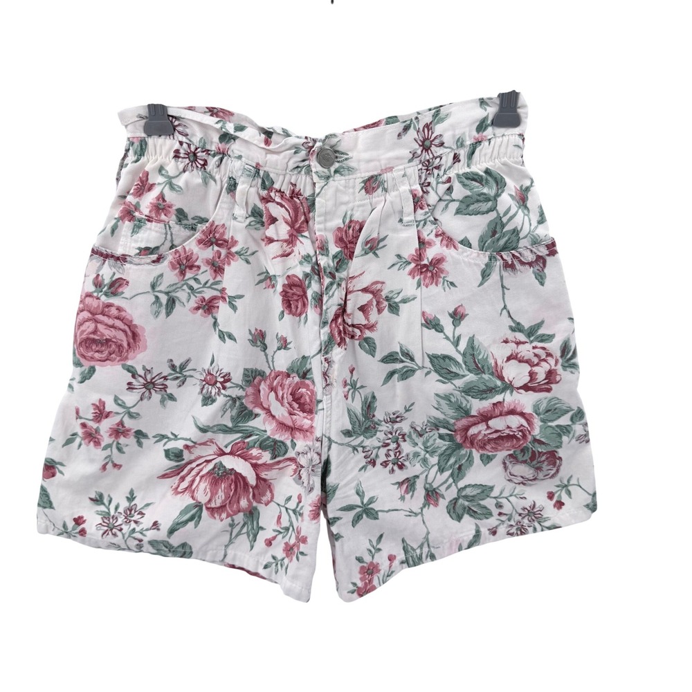 Bongo Vintage 90s High Waisted Floral Rose Shorts Pink‎ White Cotton Size 7 USA